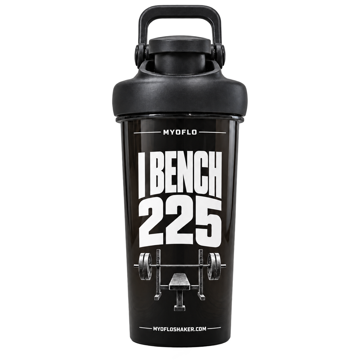 Actual black Myoflo I Bench 225 shaker bottle with a bench press graphic